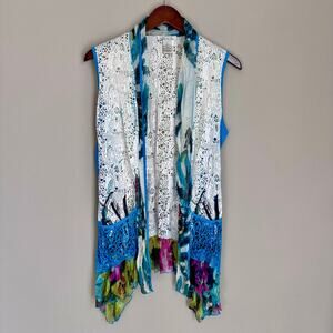 Elysee 26 Open Front Crochet Lace Boho Vest Mixed Print Festival Artsy Lagenlook
